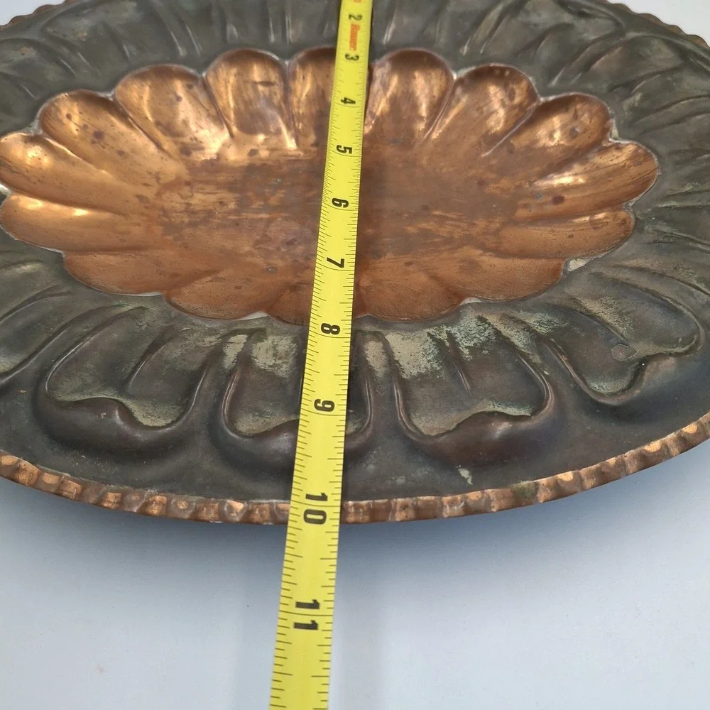 Vintage Italian Copper Footed Tray Scalloped Fluted Oval Serving Platter Italy